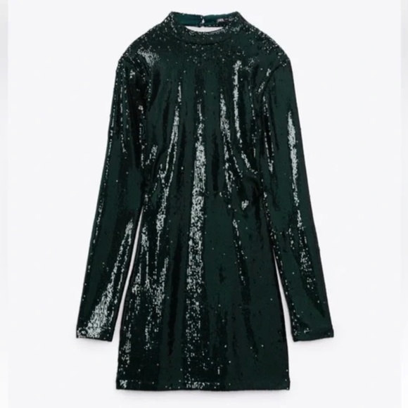 New ZARA SHORT SEQUIN DRESS GREEN - REF. 7901/445 XS - Picture 3 of 4